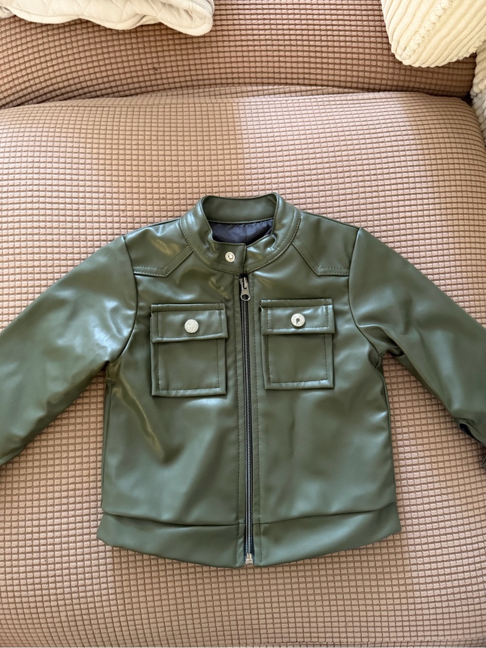 Kids Olive Green Faux Leather Jacket - Classic Zip Front